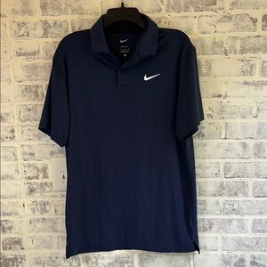 Nike Men’s Medium Navy Dri-Fit Polo Short Sleeve White Swoosh Golf Athletic